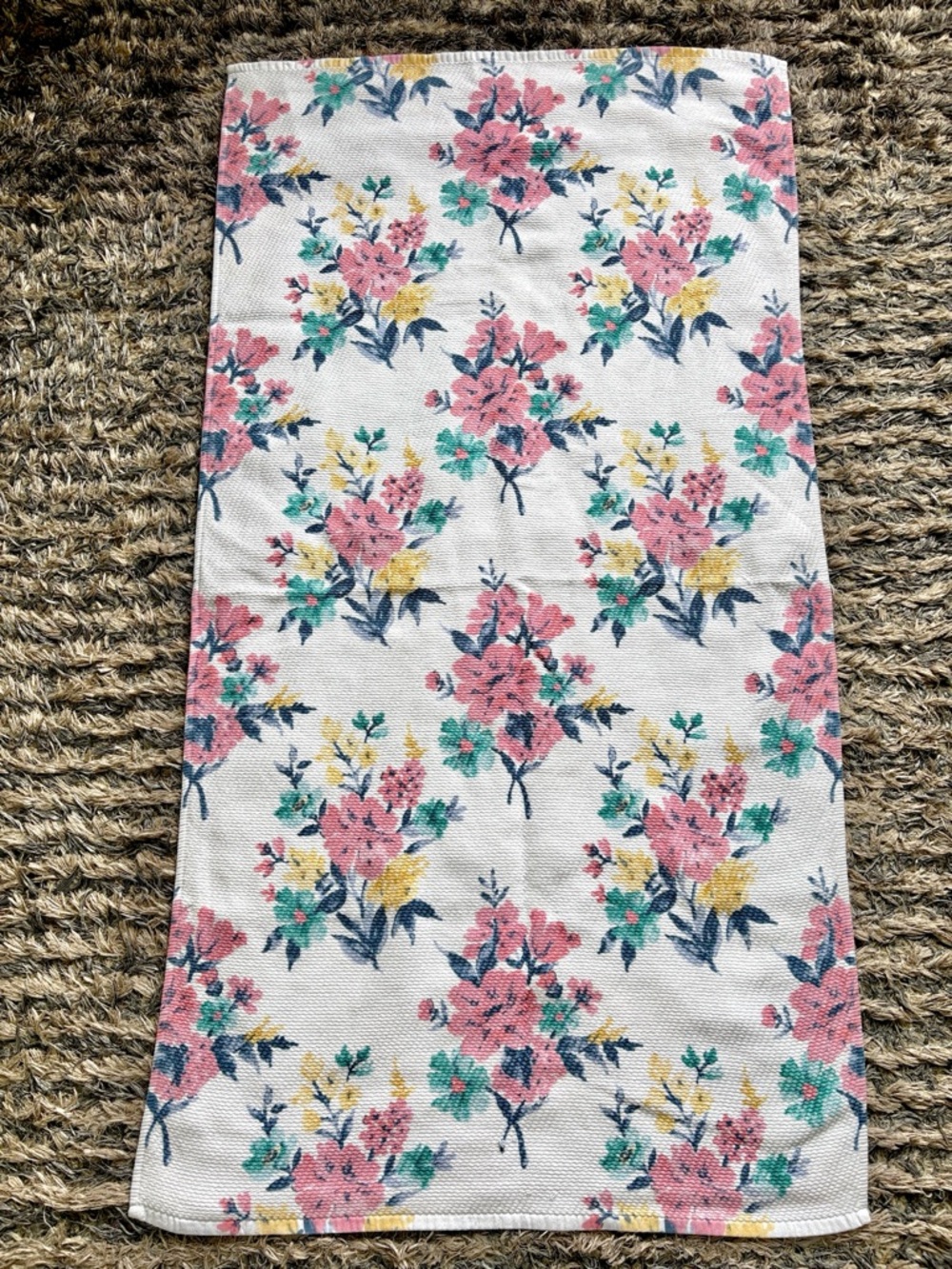 Floral Print Bath Towel in Pink, Teal & Yellow - Soft White Background